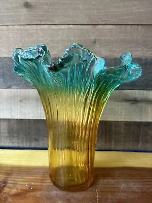 Mid Century Murano Glass Vase Made In Italy -blue Yellow Ruffled Top • $160