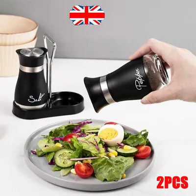 Pack Of 2 Salt And Pepper Shakers Pots Dispensers Cruet Jars Set With Holder • £8.99