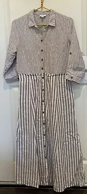 J Jill 100% Linen Cottage  Striped Button Gray Beige Long Midi Shirt Dress S • $22.50