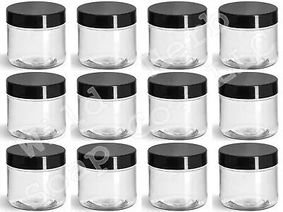 12 Clear Plastic 2 Oz Empty Jars + Lids | Black Lined Caps | Bath Body Container • $15.99