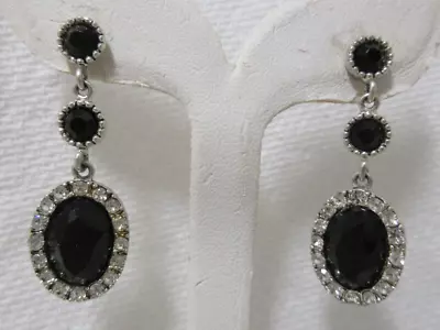 Vintage Silver Tone Black & Sparkling Crystal Rhinestone Dangle Pierced Earrings • $8.99