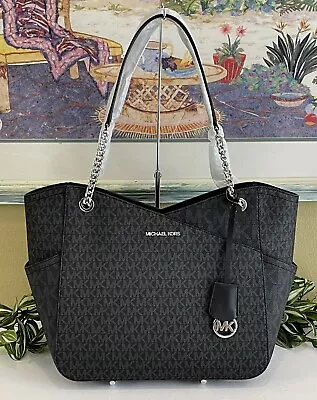 Michael Kors Jet Travel Large X Chain Shoulder Tote Bag Black Signature Silver • $116.99