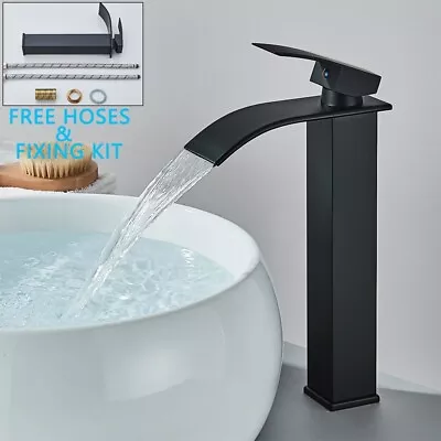 Monobloc Black Waterfall Bathroom Basin Mixer Sink Tap Single Lever Tall Faucet • £20.49