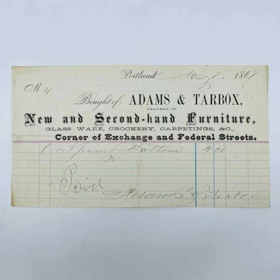 £26.20 • Buy 1869 Adams & Tarbox New & Second Hand Furniture Portland ME Billhead AA5