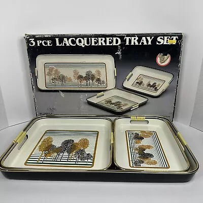 Vintage 80s 3 Piece Lacquered Tray Set OAK TREES Cream Green Rust Made In Japan • $39
