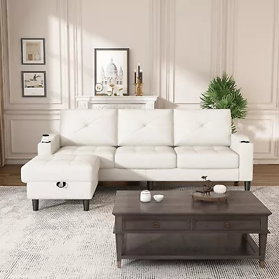 Sectional Reversible Sofa Modern Linen Fabric L-Shaped Couch With Storage Beige • $319.98