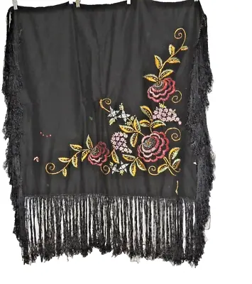 1920's Hand Embroidered Black Wool Piano Shawl W Fringe • $95