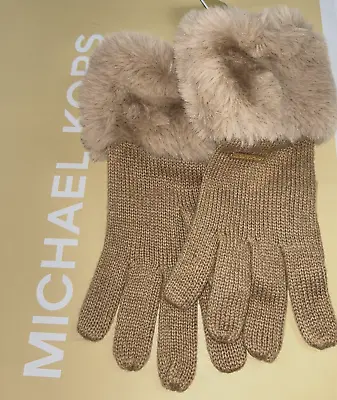 MICHAEL KORS Women's Gloves Camel Chain Knit Metal Logo Charm Fur Cuff $58 NEW • $42.08