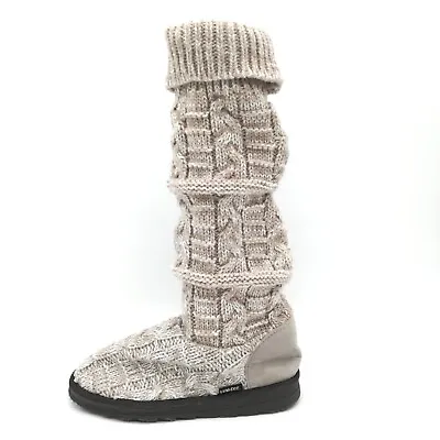 Lukees Womens Sweater Knee High Slippers Tan Cable Knit Flat Heel Pull On 7 • $27.99