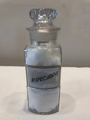 Vintage APOTHECARY Jar Bottle Stopper LABEL UNDER GLASS P Ipec Et Opii OPIUM #35 • $299.99