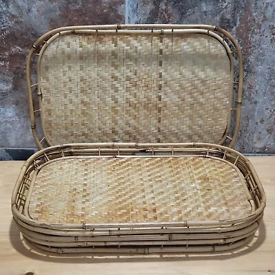 Vintage Bamboo Woven Rattan Wicker Serving Trays Set Of 5 • $49.95