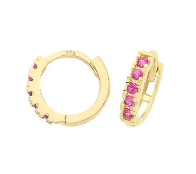 9ct Yellow Gold Ruby CZ Small Hoop Huggie Hinged Earrings - Solid 9k Gold • £39.95