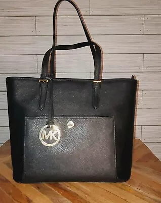 Michael Kors Jet Set Black Saffiano Leather Medium Tote Bag Travel Carry On • $48