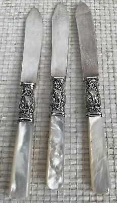 Antique 3 Fruit Knives Silver Plate Blade Mother Pearl Handle Sterling Ferrules • $34.44