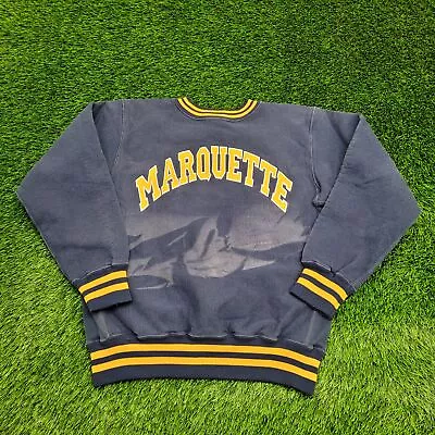 Vintage Marquette-University Sweatshirt L-Short 22x23 Navy-Blue Yellow Arch Trim • $128.77