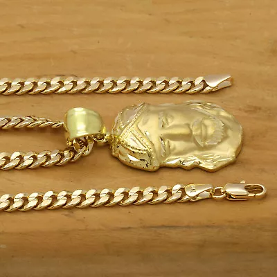 Mens 18k Gold Plated Hip Hop  JESUS  Pendant 5mm 24  Cuban Necklace Chain • $18.99