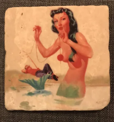 £14.99 • Buy Painted Tile Coaster Mermaid Fishing 1950s Pin Up Art Retro USA