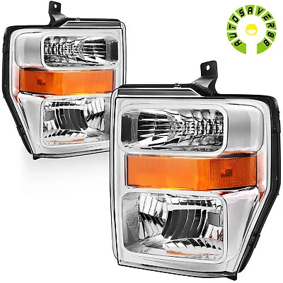 Headlights For 08-10 Ford F-250 F-350 F-450 Super Duty Chrome Amber Headlamp Set • $79.99