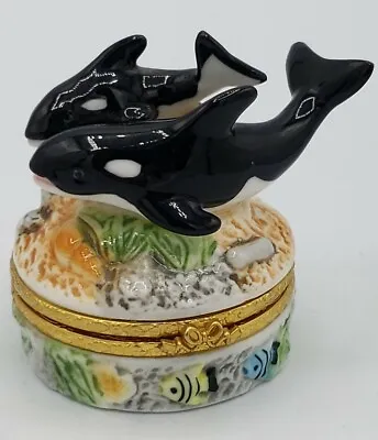 1998 Geo. Z Lefton China Orca & Baby Orca Whale Ceramic Hinge Trinket Box • $39.99