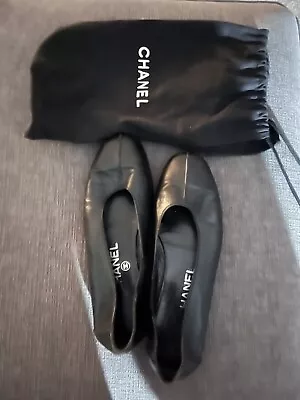 Chanel Ballet Flats Black Leather Ballerina Shoes Vintage • $125