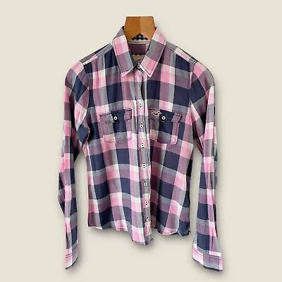 Hollister Shirt Check Plaid Size M Pink Navy Blue Cotton Long Sleeve Western • £12.99