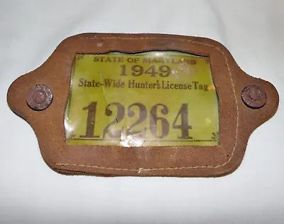 Vtg 1949 Statewide Maryland Hunting License & Leather Hang Button Holder • $39.99