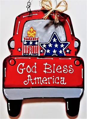 AMERICANA God Bless America RED TRUCK 4th Of July SIGN Wall Door Hanger Plaque • $13