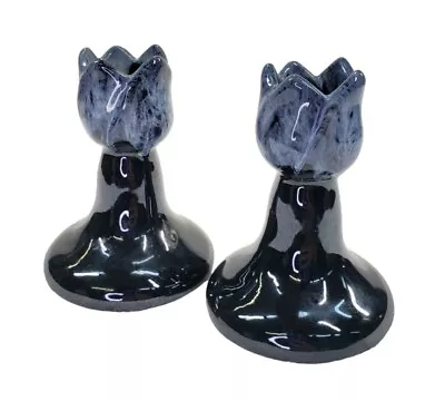 Set Of 2 Anna Van Briggle Blue Drip Glaze Art Pottery Candlestick Holders Tulip • $24.99