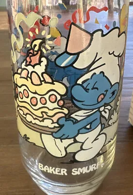 Vtg 1983 Baker Smurf Peyo Drinking Glass  14oz Birthday Cake Cook Party Decor • $7.95