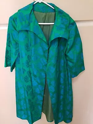 Vintage Satin Swing Opera Coat Green Teal Blue Brocade 42 Bust • $40