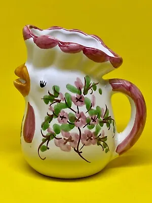 Vtg Italian Pottery Hand Painted Rooster Chicken 4”Pitcher Creamer Pink Flowers • $14.99