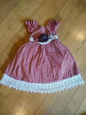 Mustard Pie Dress Red/Gray W/lace & Ruffle Flowers Chevron Pattern Size 4T • $15.99