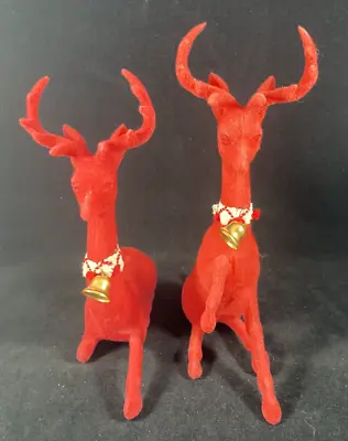 Vintage~Set Of 2~Red Flocked Christmas Reindeer Deer Figure 7 & 6 Inches Tall • $14.99