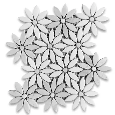 C9F5XP Carrara White Thassos White Marble Daisy Flower Waterjet Mosaic Tile • $32.99