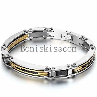 Silver Gold Two Tone Stainless Steel Men's Link Bracelet Wristband Cuff Bangle • $14.24