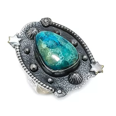 Blue Fossil Coral Gemstone Handmade 925 Silver Jewelry Ring Size 7 • $24.30