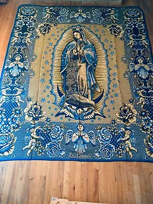 Mary Virgen Virgin Guadalupe Blanket 91x81 7.5x7 Queen Full Blue Bedspread J22 • $44.90