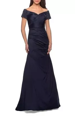 New La Femme Off The Shoulder Beaded Satin Trumpet Gown In Navy Size 10 $599 • $103.98