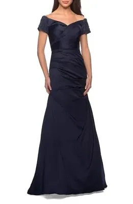 New La Femme Off The Shoulder Beaded Satin Trumpet Gown In Navy Size 8 $599 • $103.98