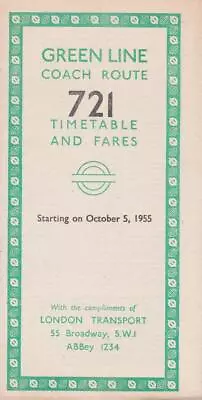London Transport Green Line Coach Route 721 Bus Timetable Lft Oct 1955 • £2.99