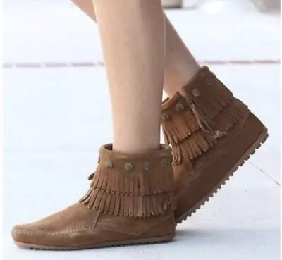 NEW Minnetonka Double Fringe Side-Zip Ankle Moccasins 692 Brown Boots Size 6.5 • $29.95