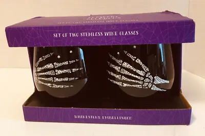 Stemless Wine Glasses (2) Halloween Black/White Skeleton Hands Rhinestones NEW • $12.40