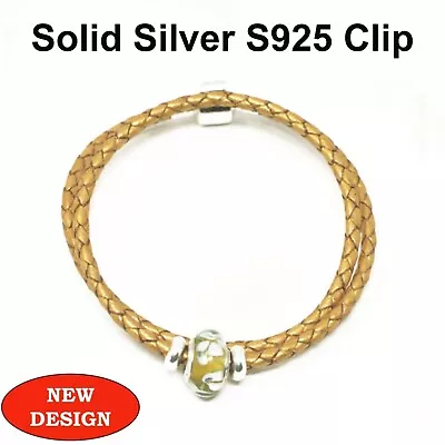 Double Leather Bracelet Silver Barrel Clip Silver Stoppers & Murano Charm Gold • £14.99