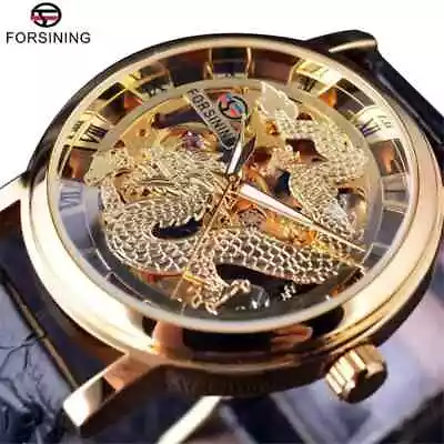 Casual Sport Leather Hand Wind Mens Mechanical Wrist Watch Skeleton Dragon Watch • $18.99