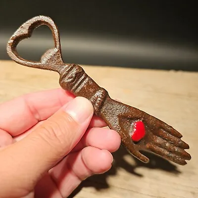 Vintage Antique Style Cast Iron Heart In Hand Odd Fellows Bottle Opener • $25