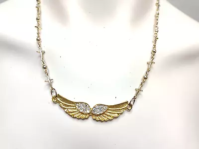 Vintage Rhinestone Angel Wings Pendant Gold Cross Chain Necklace • $9