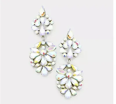 2.75” Long Silver Clear Aurora Borealis AB Austrian Crystal Pageant Earrings • $14.50