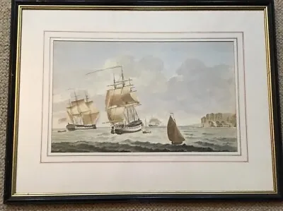 Early C20th Unsigned Framed Watercolour Galleons Sailing Round Cliffs • £28