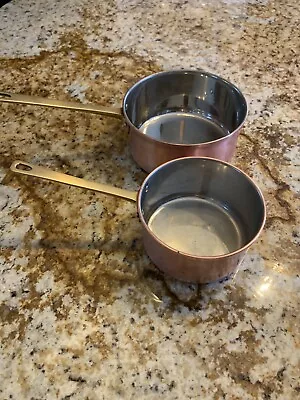 2 VTG Copper Pots Sauce Pans  Brass Handles Made In Portugal 5 1/4  6 3/4  • $53.95