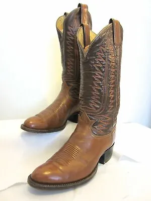 Vintage Tony Lama Texas Western Cowboy Boots Brown Leather Orange Stitching 7D • $103.99